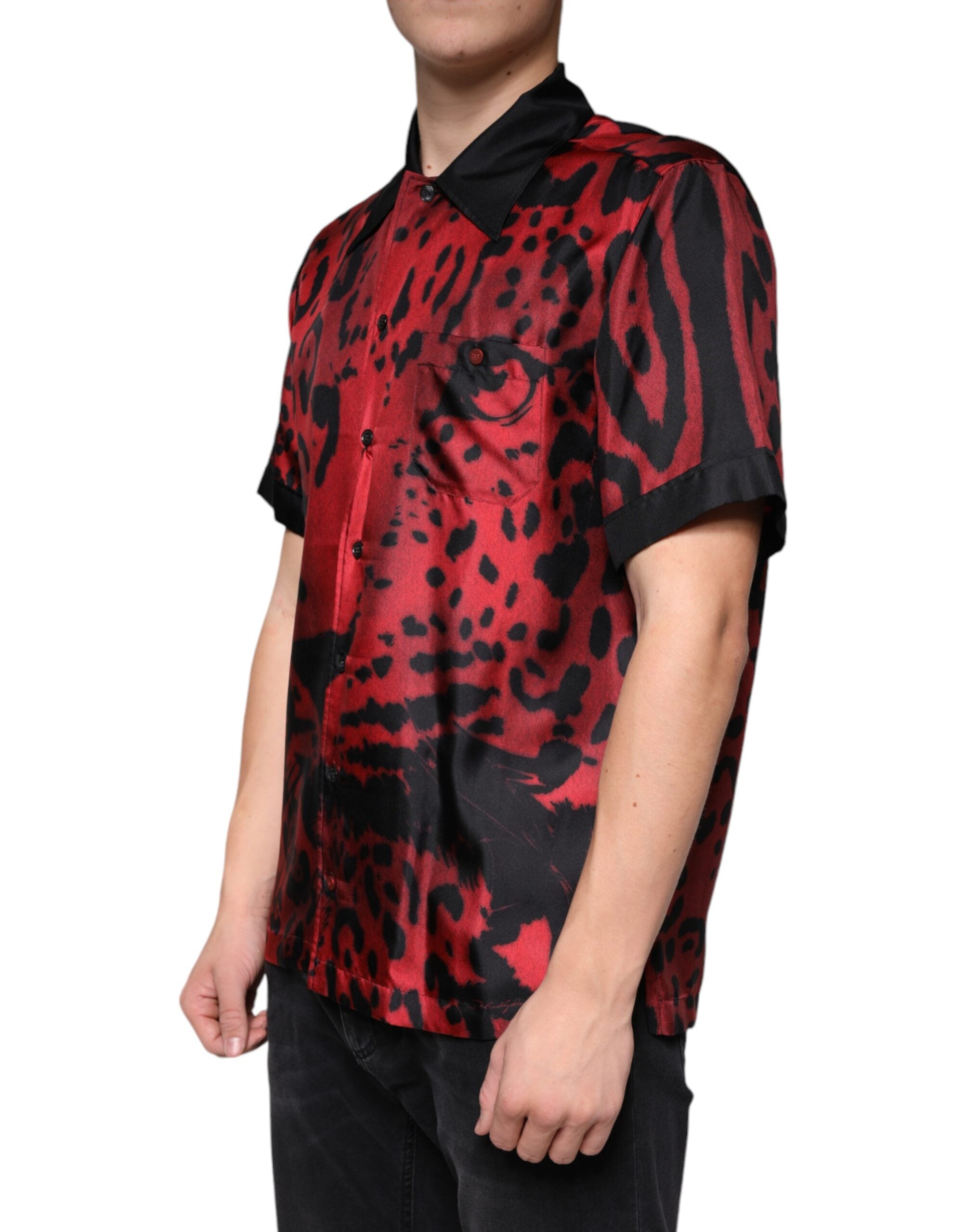 Dolce & Gabbana Red Leopard Silk Button-Down Shirt Casual Shirt